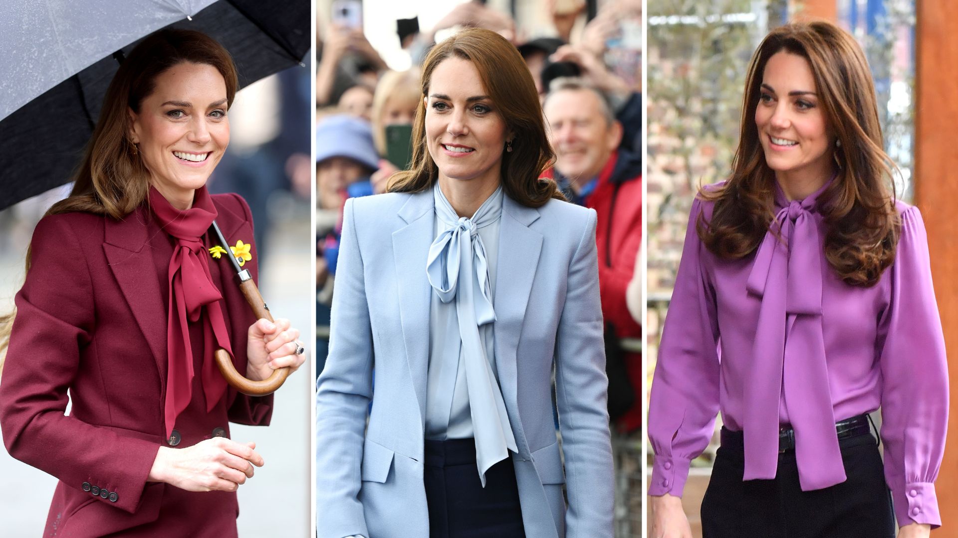 A composite of three pictures of Kate Middleton wearing different colour blouses