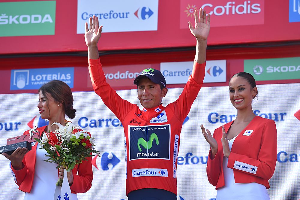 Nairo Quintana (Movistar) in the red leader's jersey