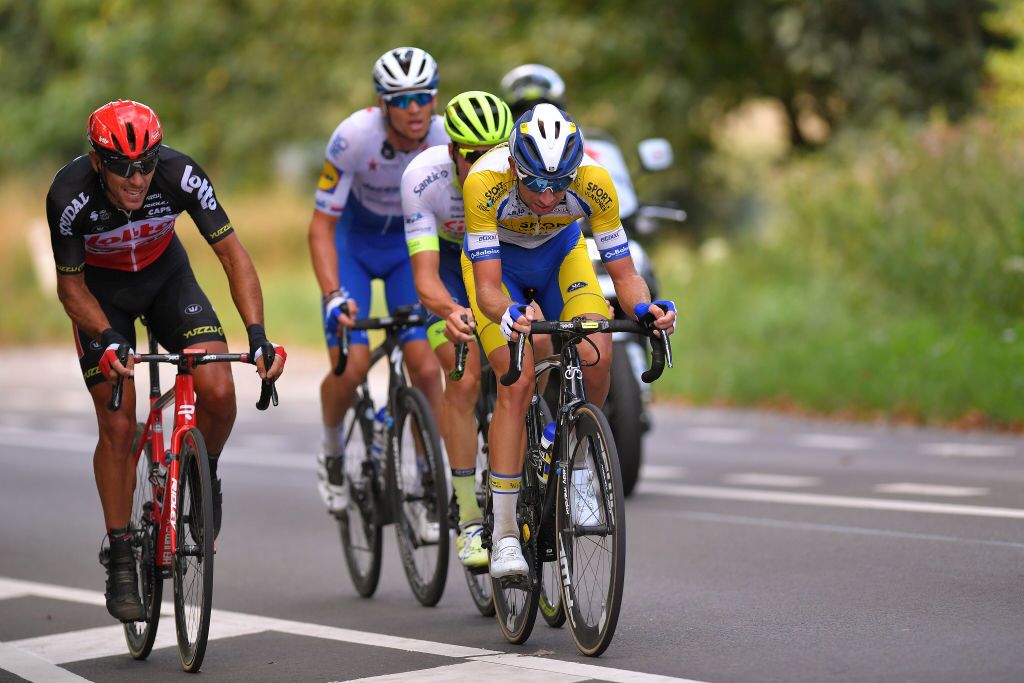WAVRE BELGIUM AUGUST 17 Philippe Gilbert of Belgium and Team Lotto Soudal Loic Vliegen of Belgium and Team Circus Wanty Gobert Zdenek Stybar of Czech Republic and Team Deceuninck QuickStep Amaury Capiot of Belgium and Team Sport Vlaanderen Baloise Breakaway during the 41st Tour de Wallonie 2020 Stage 2 a 1723km stage from Frasnes Lez Anvaing to Wavre TourdeWallonie TRW2020 on August 17 2020 in Wavre Belgium Photo by Luc ClaessenGetty Images
