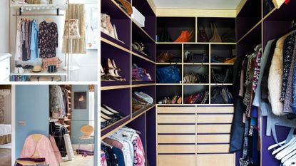 three images of wardrobes and clothes storage to support a guide on using the 90/90 decluttering rule