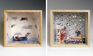 Two side-by-side photos of artistic interpretations of a dolls’ house in square, wooden boxes by several London-based design studios. The first box features walls covered with images of black four-legged animals and orange people, patterned flooring and a dark orange character in a bed. And the second box features patterned wallpaper, shelving units, a red tv, a strawberry, flowers in a vase, a multicoloured patterned chair, multiple birds and a white, yellow and blue plastic structure suspended from the ceiling