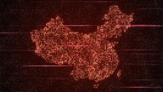 Abstract Futuristic Red Shinny Digital Hud Square Elements Mosaic Grid Map Of China Flat Screen With Horizontal Light