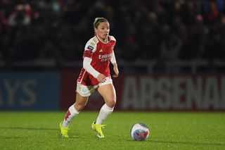 Kim Little of Arsenal runs with the ball during the FA Women's Continental Tyres League Cup Semi Final match between Arsenal and Aston Villa at Meadow Park on March 06, 2024 in Borehamwood, England. (Photo by Alex Burstow/Arsenal FC via Getty Images)