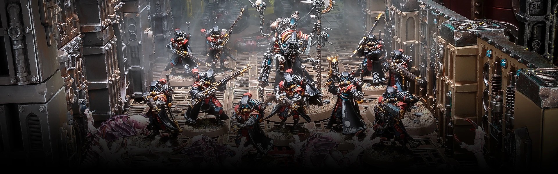 Adeptus Mechanicas advance down an industrial corridor toward the enemy