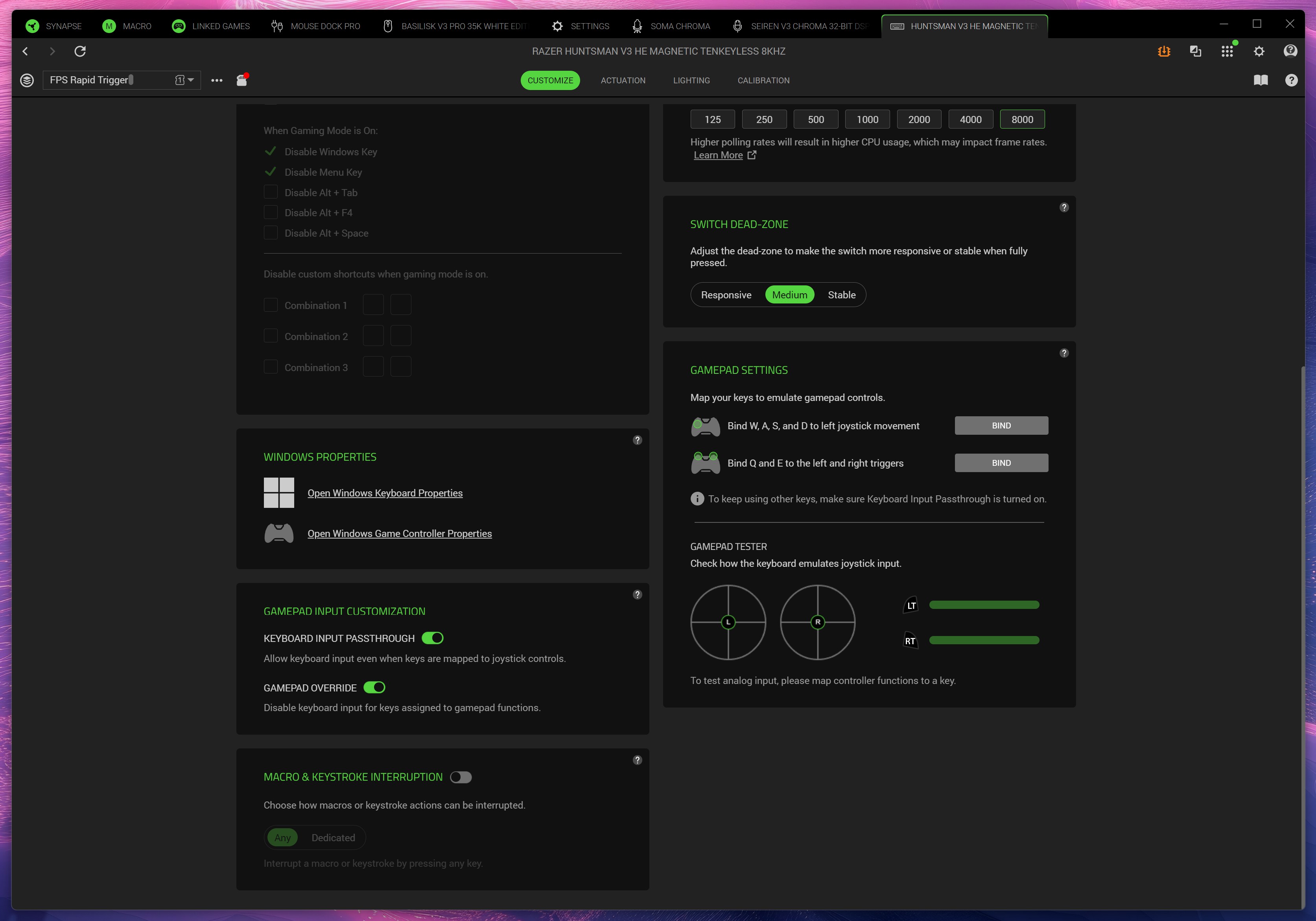Screenshot of Razer Synapse software displaying customizable options for polling rate, gamepad settings, and macros on the Huntsman V3 HE.