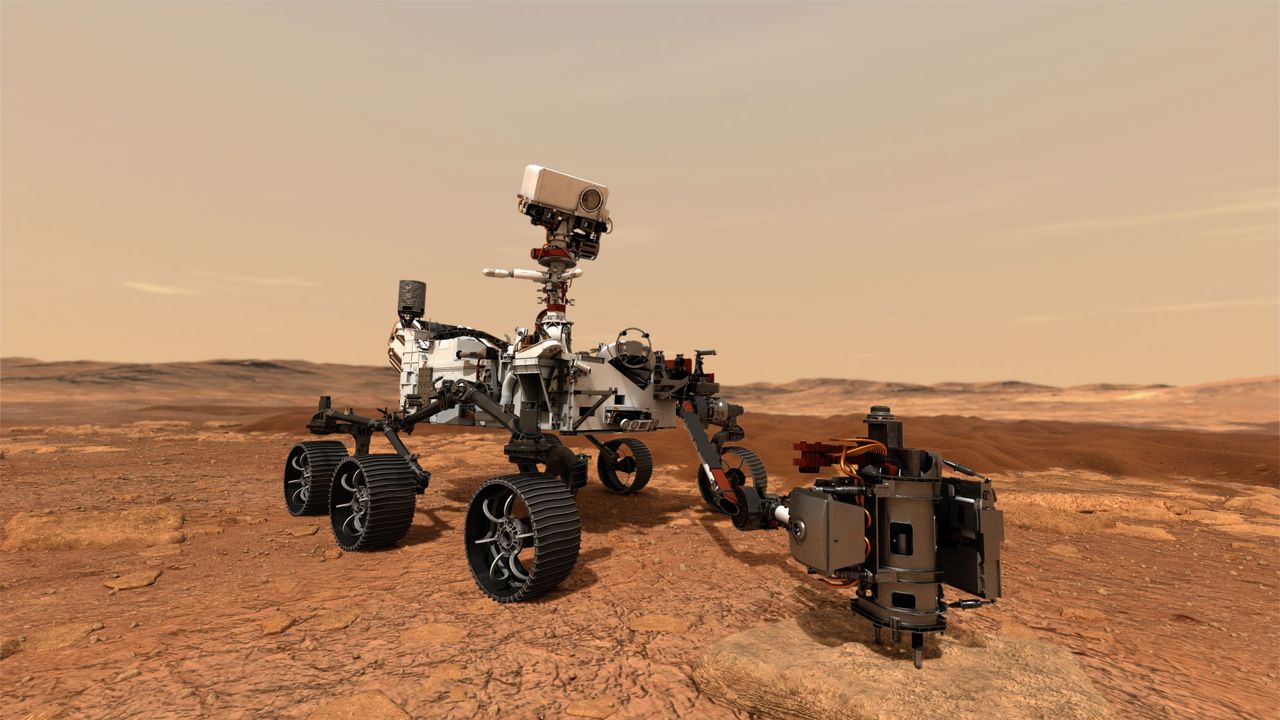 An artist rendering of Perseverance collecting samples from Mars.