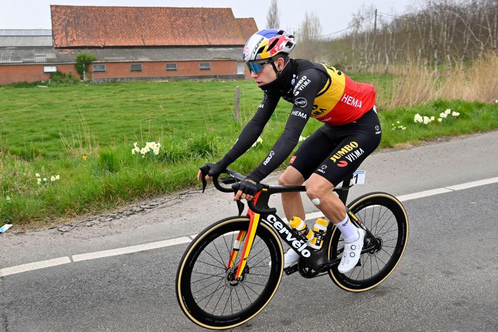 Belgian Wout Van Aert of Team JumboVisma pictured in action during the mens GentWevelgem In Flanders Fields cycling race 2489km from Ieper to Wevelgem Sunday 27 March 2022 BELGA PHOTO DIRK WAEM Photo by DIRK WAEM BELGA MAG Belga via AFP Photo by DIRK WAEMBELGA MAGAFP via Getty Images