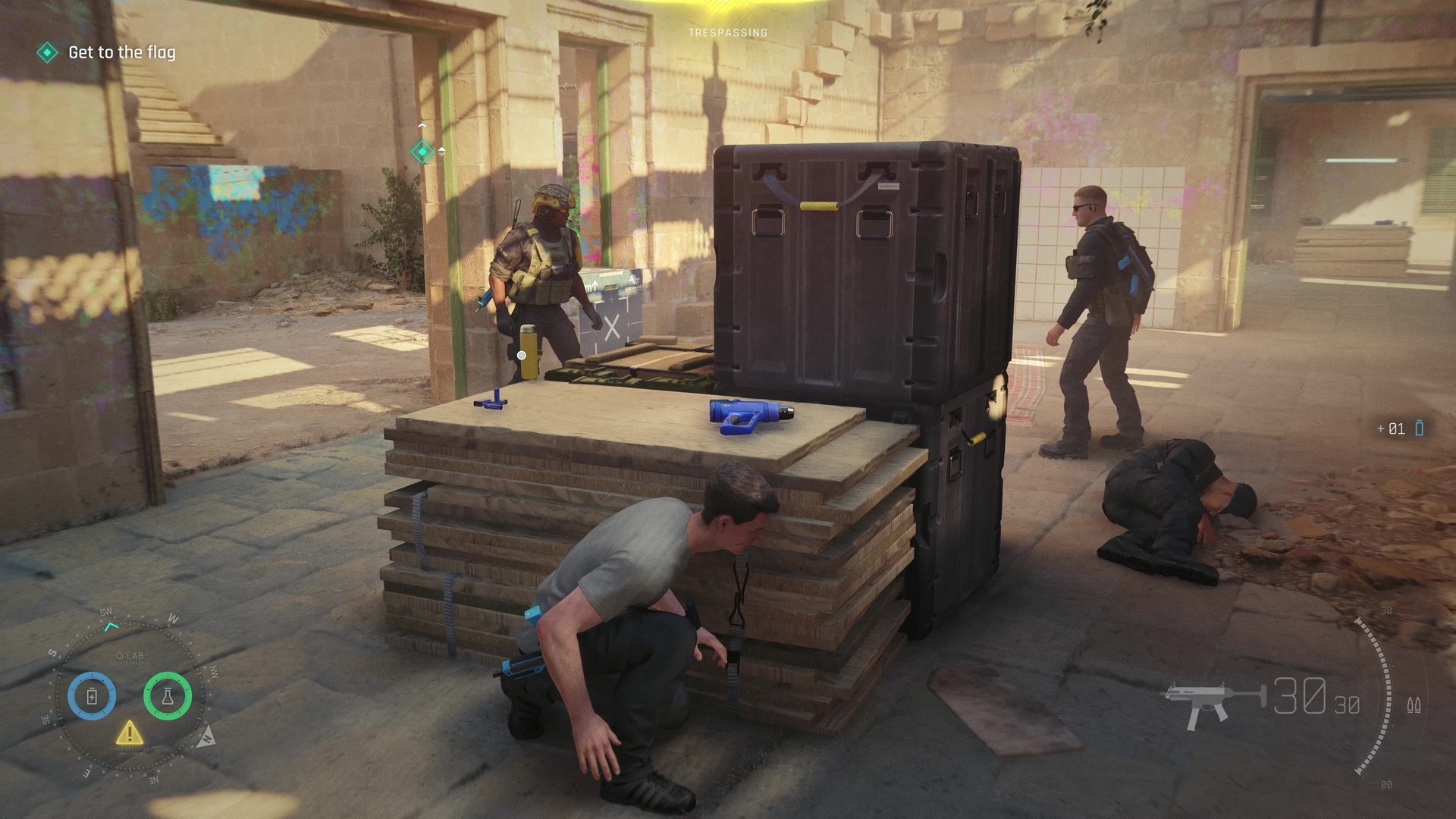 Bond hides from suspicious guards in the Malta training mission in 007 First Light