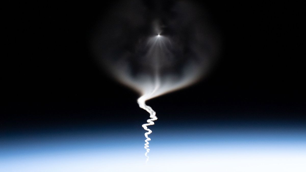 An image taken from the International Space Station of a crewed Soyuz capsule launching to visit the facility on Sept. 25, 2019.