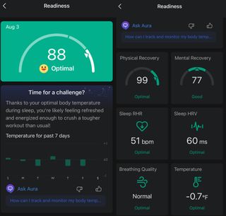 A screenshot from the Helio Ring's companion Zepp health app showing daily reports on sleep quality and energy levels