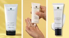 Three images of TEMPLESPA SPF products on a yellow backdrop, body defence spf, life defence spf lip defence