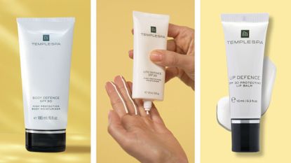 Three images of TEMPLESPA SPF products on a yellow backdrop, body defence spf, life defence spf lip defence