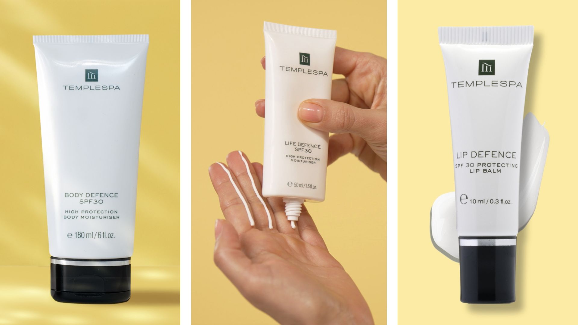 Three images of TEMPLESPA SPF products on a yellow backdrop, body defence spf, life defence spf lip defence 