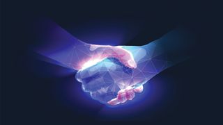 Two hands made out of pixels, denoting technology, are joined in a handshake