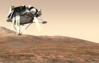 NASA's InSight Mars lander comes in for a landing in this artist illustration of its touchdown on the Red Planet on Nov. 26, 2018.