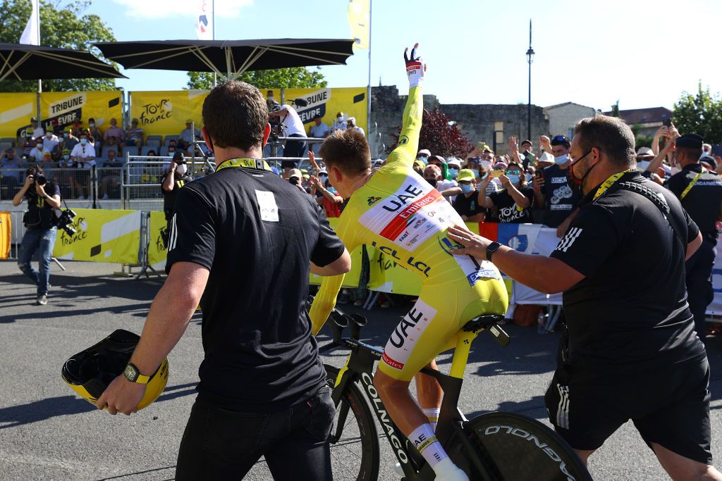 SAINTEMILION FRANCE JULY 17 Tadej Pogaar of Slovenia and UAETeam Emirates yellow leader jersey celebrates at arrival during the 108th Tour de France 2021 Stage 20 a 308km Individual Time Trial Stage from Libourne to SaintEmilion 75m ITT LeTour TDF2021 on July 17 2021 in SaintEmilion France Photo by Tim de WaeleGetty Images