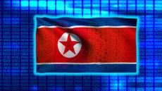 An image of the North Korean flag overlaid on glowing blue code. The flag itself is also glowing blue.