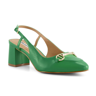 green slingback heels with gold hardware detail across the front