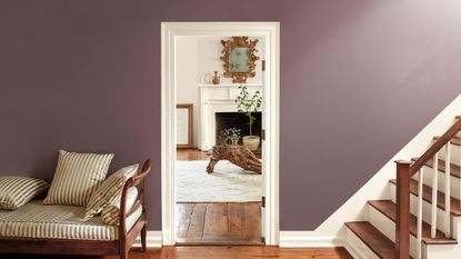 entryway with purple wall, white trim and wooden flooring and bench with upholstered covering