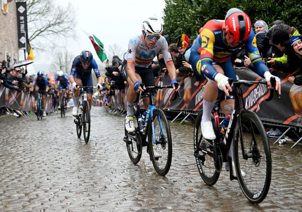 OUDENAARDE BELGIUM MARCH 31 Oier Lazkano of Spain and Movistar Team competes passing through a cobblestones sector during the 108th Ronde van Vlaanderen Tour des Flandres 2024 Mens Elite a 2708km one day race from Antwerpen to Oudenaarde UCIWT on March 31 2024 in Oudenaarde Belgium Photo by Dario BelingheriGetty Images