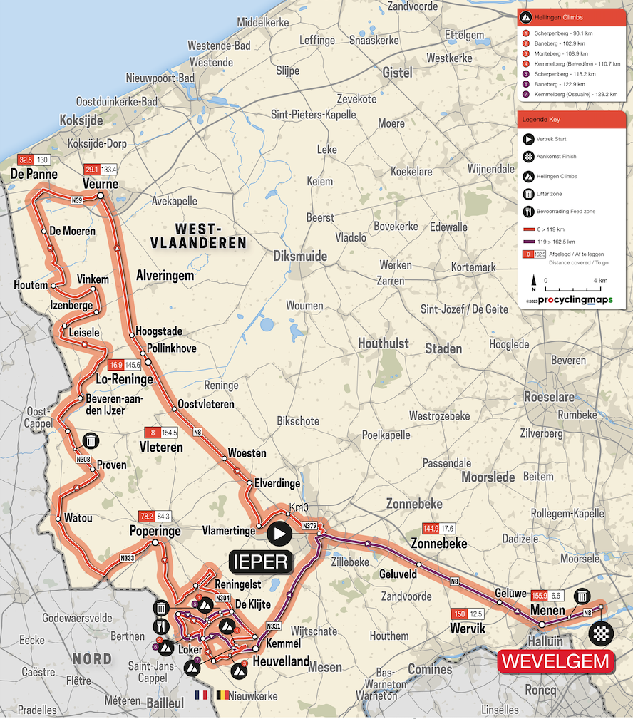 Map and profile for the 2023 Gent-Wevelgem women's race