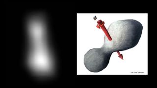The Kuiper Belt object Ultima Thule takes on a bowling pin shape (left) in this view from the New Horizons spacecraft taken on Dec. 31, 2018 just before its flyby closest approach on Jan. 1, 2019. At right is an artist's sketch of the object, which is about suggest it is approximately 20 miles long by 10 miles wide (32 kilometers by 16 kilometers).