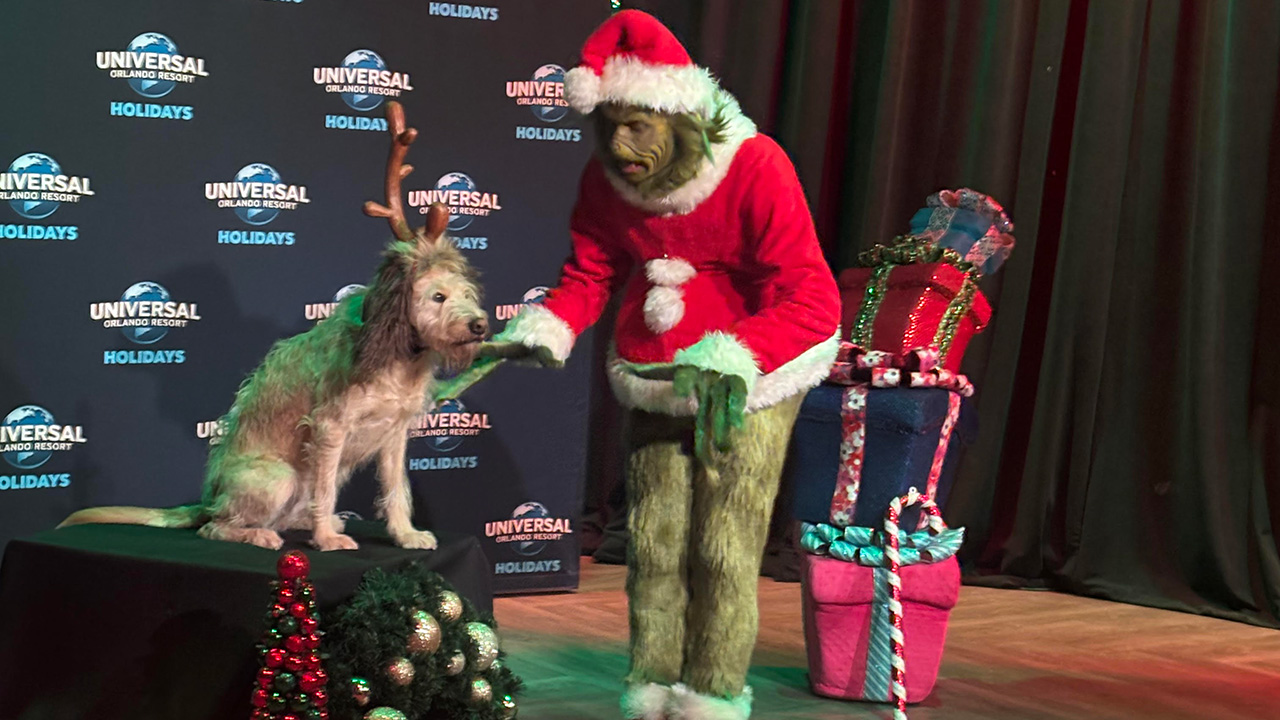 The Grinch and Max working together to be chill during the 1:1 Meet and Greet at Universal