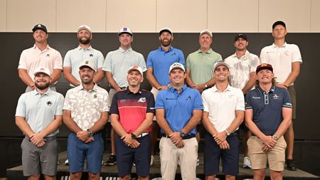 Captain Bryson DeChambeau of Crushers GC, Captain Jon Rahm of Legion XIII GC, Captain Bubba Watson of RangeGoatsGC, Captain Dustin Johnson of 4Aces GC, Captain Phil Mickelson of HyFlyers GC, Captain Brooks Koepka of Smash GC, Adrian Meronik of Cleeks GC, (front row) Tyrrell Hatton of Legion XIII GC, Charl Schwartzel of Stinger GC, Captain Sergio Garcia of Fireballs GC, Patrick Reed of 4Aces GC, Captain Joaquin Niemann of Torque GC and Captain Cameron Smith of Ripper GC pose for a photo before LIV Golf Miami 2024