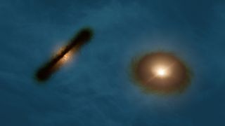 An artist's impression of the binary star system HK Tau shows the stars' misaligned disks. Measuring the orientation of the stars in multiple-star systems like this one could help astronomers learn how the stars came together.