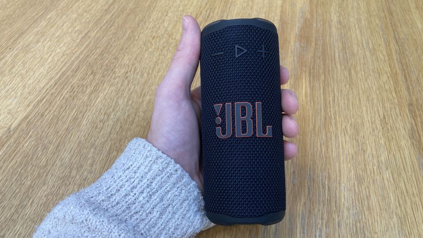 Hands on image of the JBL Grip Bluetooth speaker
