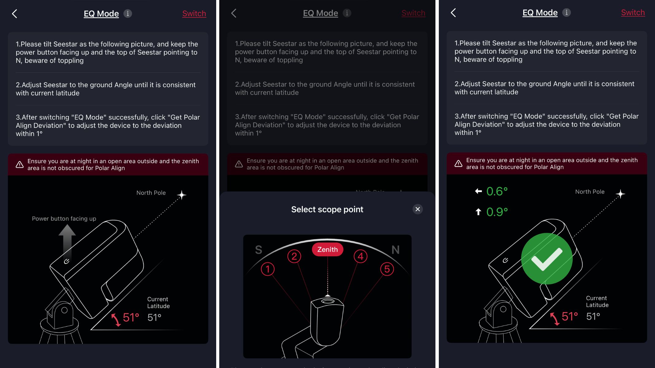 screenshots of EQ mode from the ZWO SeeStar S30 Pro app