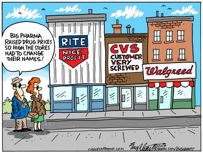 Editorial cartoon U.S. drug prices big pharma CVS walgreens rite aid