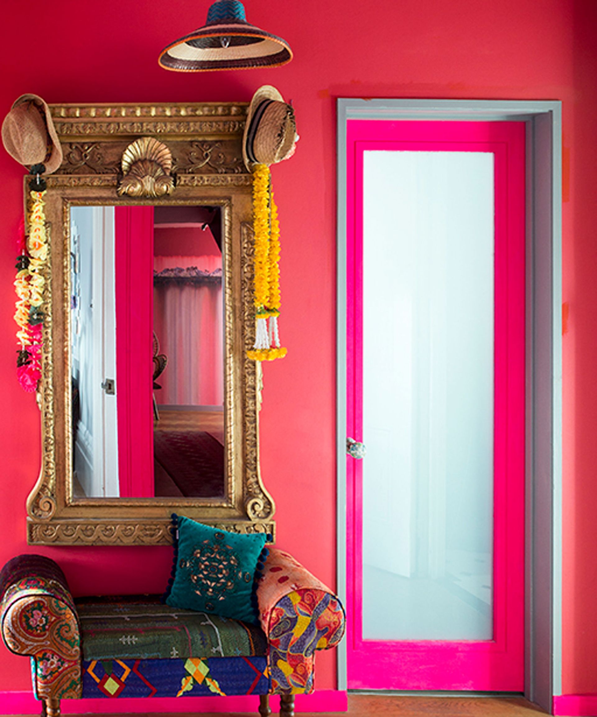 Red room with ceiling lampshade