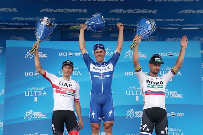 The stage 4 podium at the 2019 Tour of California: winner Fabio Jakobsen (Deceuninck-QuickStep) flanked by UAE Team Emirates' Jasper Philipsen and Bora-Hansgrohe's Peter Sagan