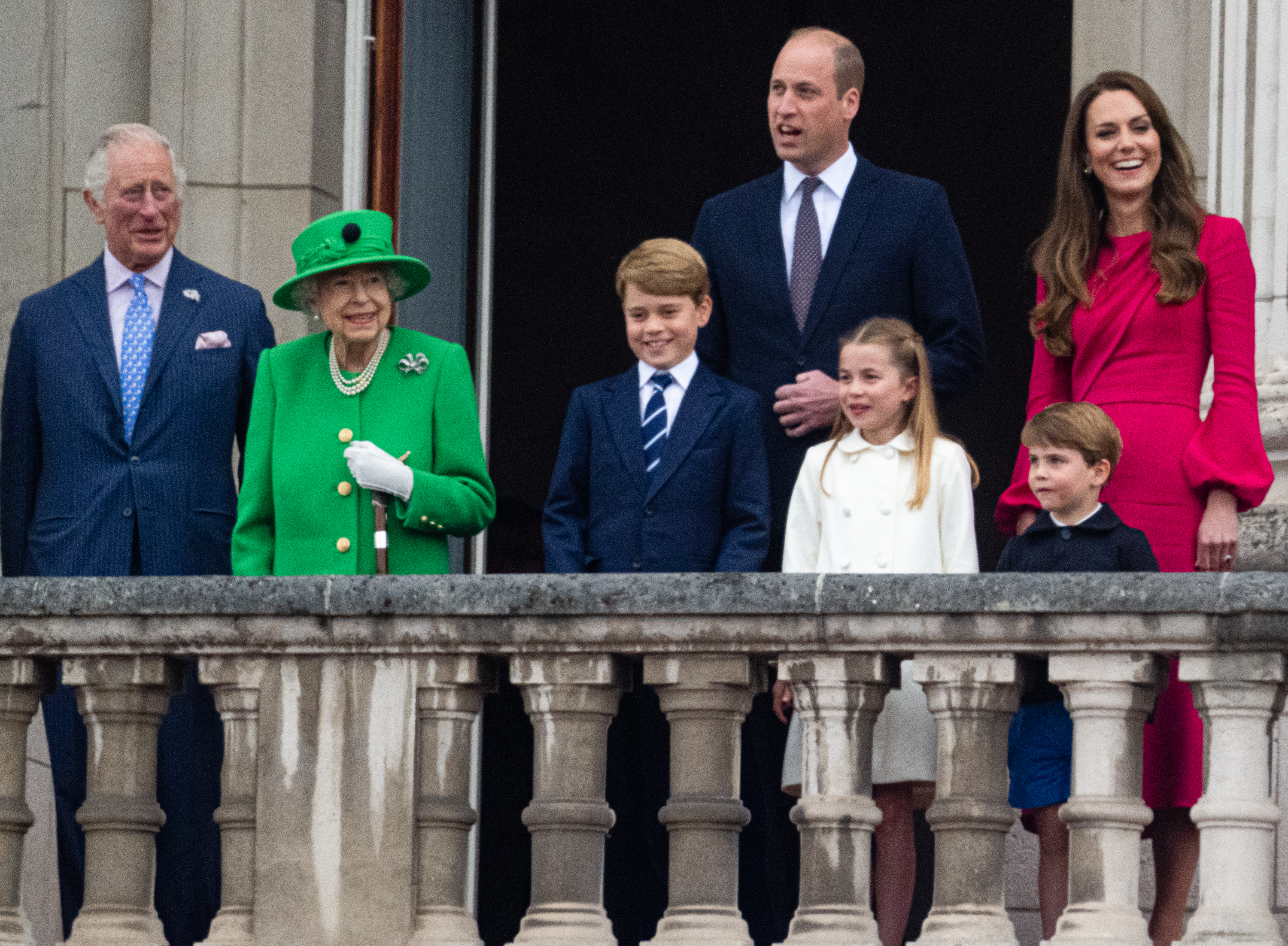 King Charles, Queen Elizabeth, Prince George, Prince William, Princess Charlotte, Prince Louis and Princess Kate on the balcony of Buckingham Palace
