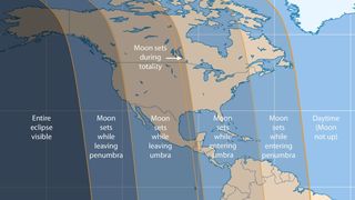 This visibility map of the total lunar eclipse of April 4, 2015 shows what observers can see based on their location in North America as determined by Sky & Telescope magazine.