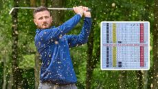 Barry Plummer hitting a bunker shot at Mellor Golf Club and an inset image of his scorecard where he beat his best round by seven shots