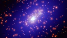A Hubble Telescope image of the galaxy cluster Cl0024+1654, showing red pinpricks of stars on a blue field of dark matter