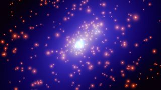A Hubble Telescope image of the galaxy cluster Cl0024+1654, showing red pinpricks of stars on a blue field of dark matter