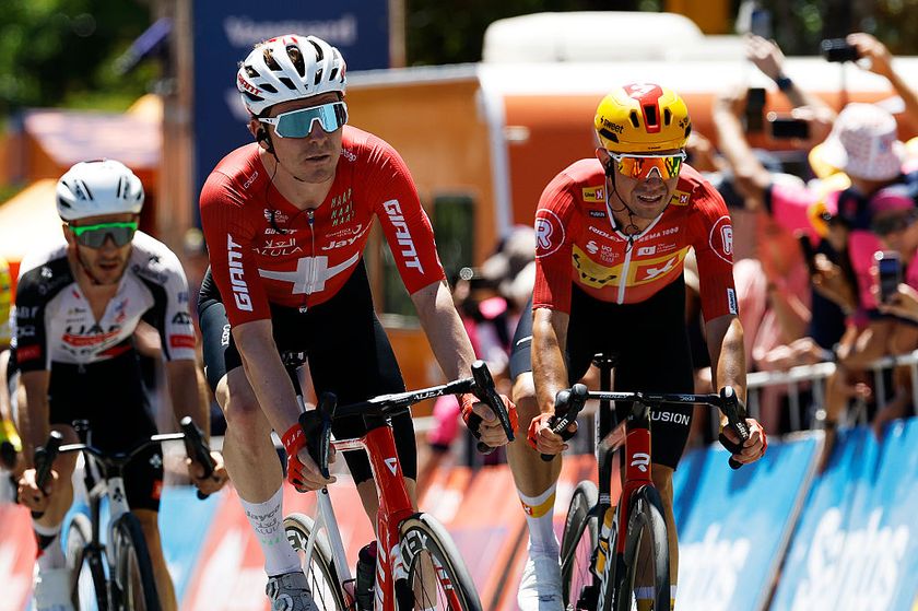 NORWOOD, AUSTRALIA - JANUARY 22: (L-R) Mauro Schmid of Switzerland and Team Jayco AlUla and Andreas Kron of Denmark and Team Uno-X Mobility cross the finish line during the 26th Santos Tour Down Under 2026, Stage 2 a 148.1km stage from Norwood to Uraidla 495m / #UCIWT / on January 22, 2026 in Norwood, Australia. (Photo by Con Chronis/Getty Images)