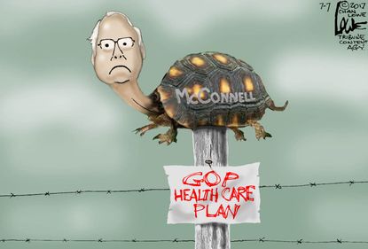 Political cartoon U.S. McConnell GOP health care plan stake