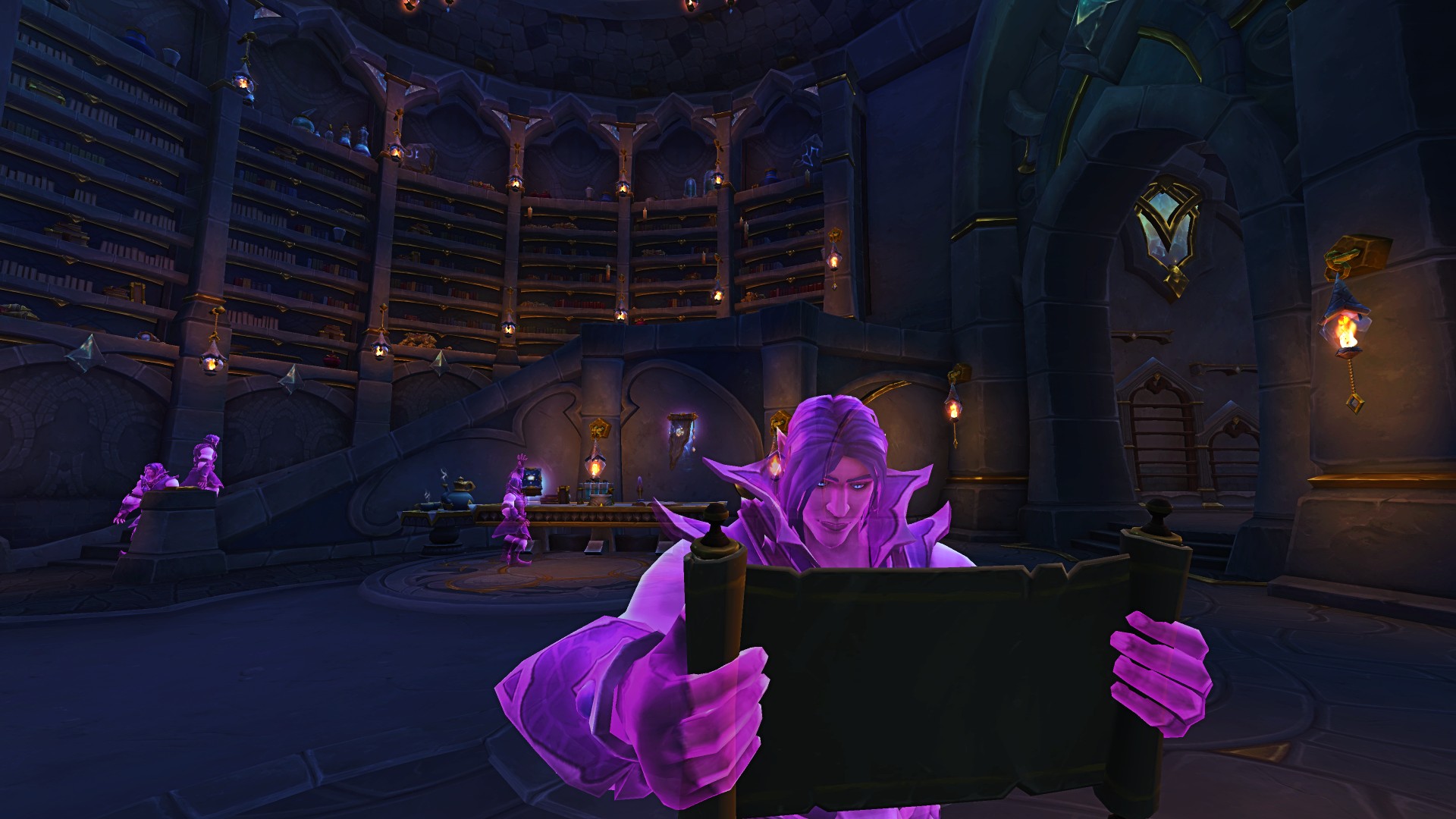 A purple scholar reads a text in a World of Warcraft library