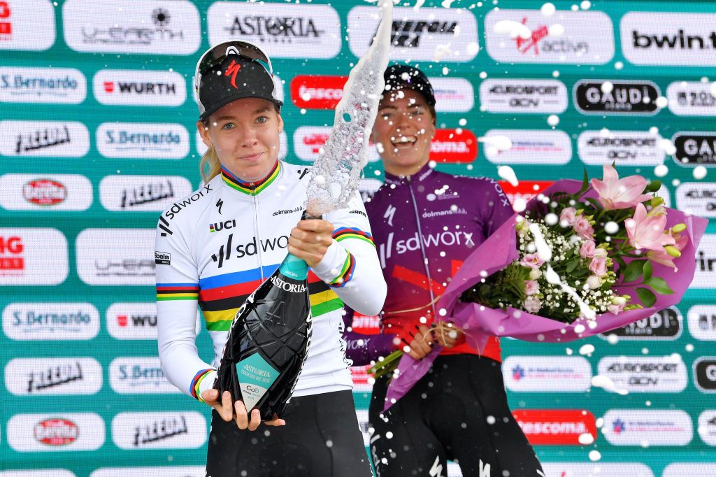 PRATO NEVOSO ITALY JULY 03 Ashleigh Moolman Pasio of South Africa 3rd place Anna Van Der Breggen of Netherlands stage winner Demi Vollering of Netherlands and Team SD Worx 2nd place celebrates at podium during the 32nd Giro dItalia Internazionale Femminile 2021 Stage 2 a 1001km stage from Boves to Prato Nevoso Colle del Prel 1607m Champagne GiroDonne UCIWWT on July 03 2021 in Prato Nevoso Italy Photo by Luc ClaessenGetty Images