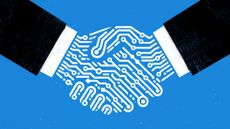 A digital illustration of a handshake between two businesspeople, with their hands rendered as circuits to represent acquisition risks.