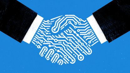 A digital illustration of a handshake between two businesspeople, with their hands rendered as circuits to represent acquisition risks.