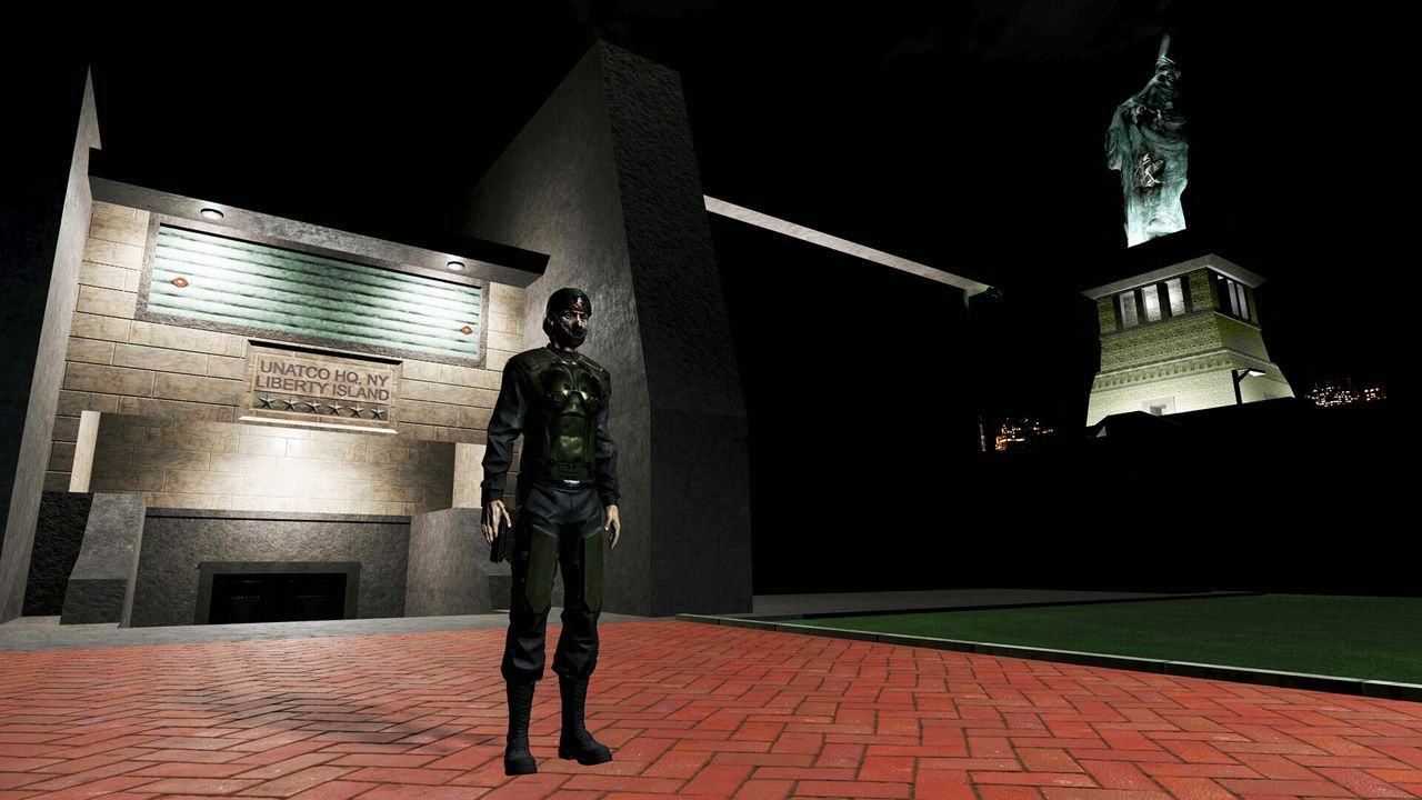 A UNATCO trooper stands guard outside HQ, the destroyed Statue of Liberty in the background.