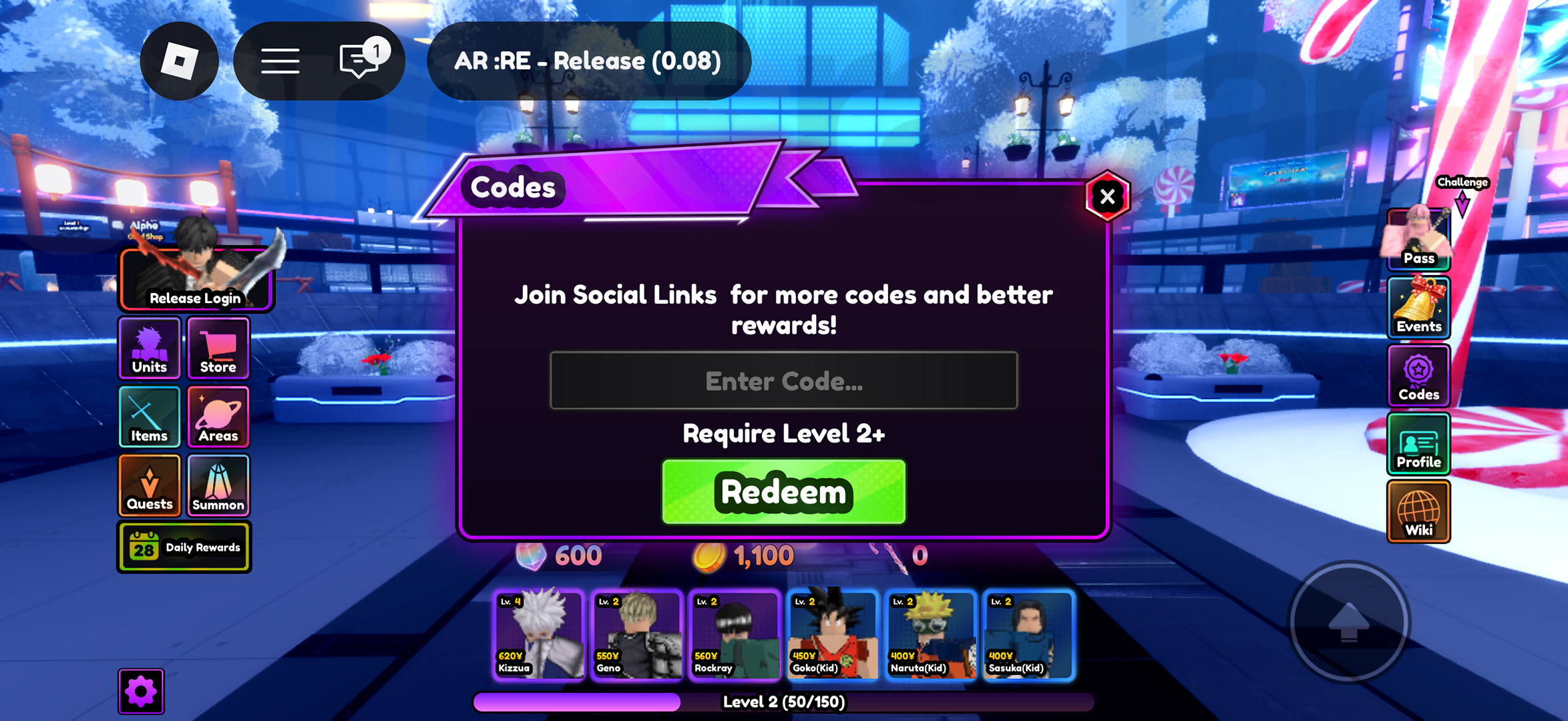 The menu for redeeming Anime Reversal codes