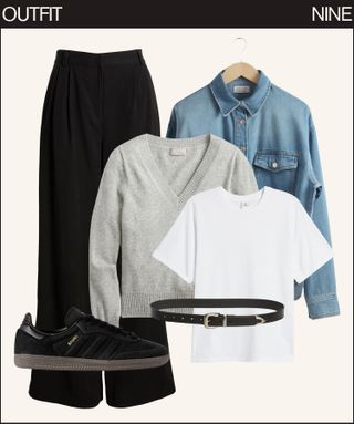 white t-shirt, high waisted trousers, grey sweater, and black sneakers