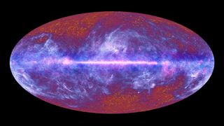 purple, pink and magneta elliptical image of cosmic microwave background