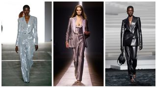 models wearing suits on the Fall 2024 runways of Prabal Gurung, Tom Ford, and Versace